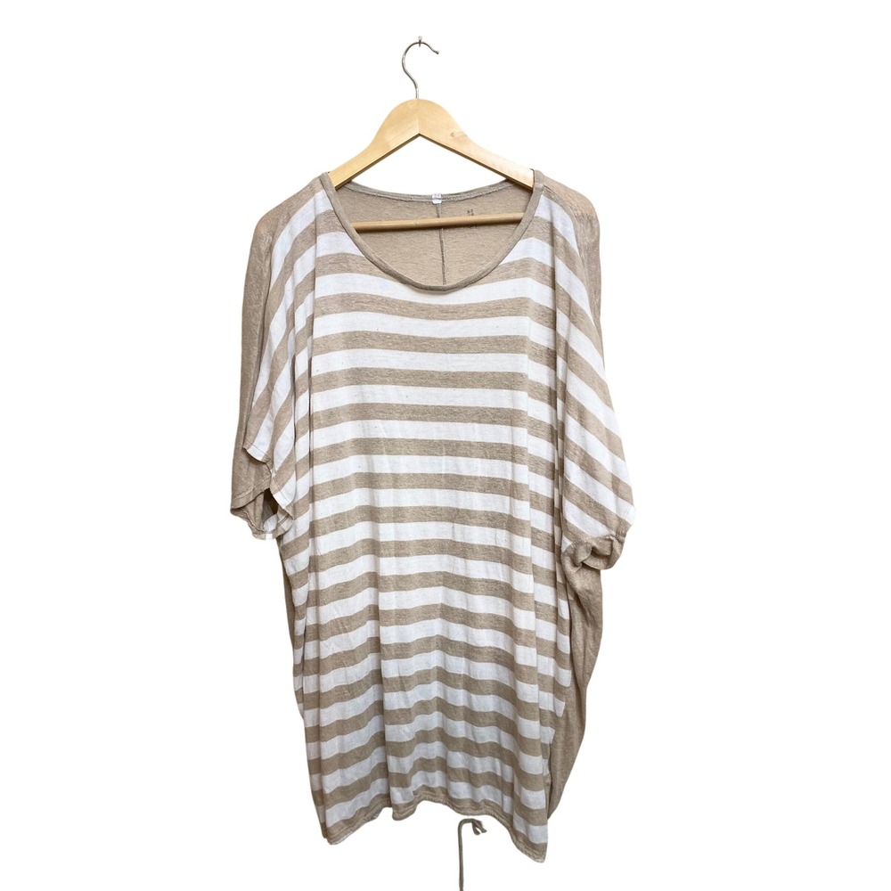 Pete & Greta Johnny Was Linen Striped Oversized Cinch Hem Top Tan White XS